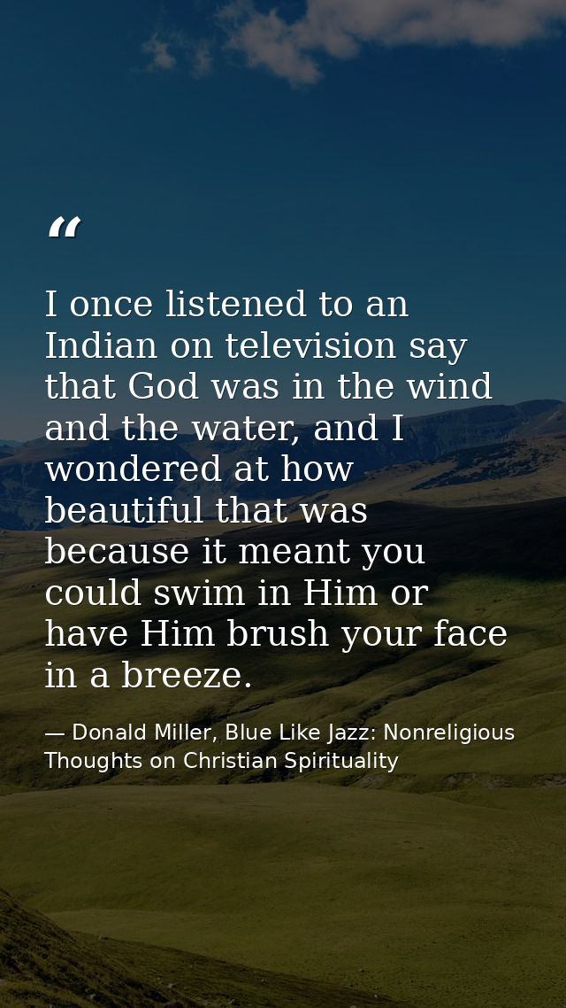 I once listened to an Indian on television say that God was in the wind and the water, and I wondered at how beautiful t — Donald Miller, Blue Like Jazz: Nonreligious Thoughts on Christian Spirituality