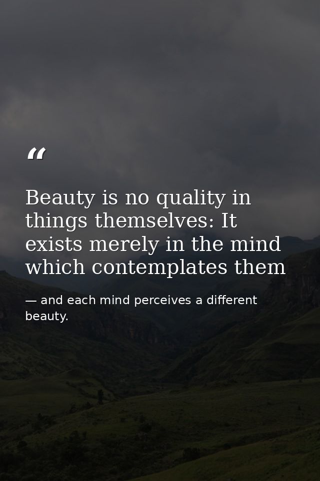Beauty is no quality in things themselves: It exists merely in the mind which contemplates them — and each mind perceives a different beauty.