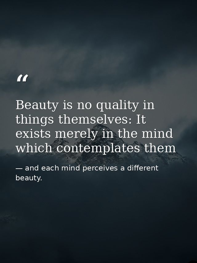 Beauty is no quality in things themselves: It exists merely in the mind which contemplates them — and each mind perceives a different beauty.