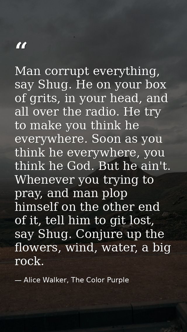 Man corrupt everything, say Shug. He on your box of grits, in your head, and all over the radio. He try to make you thin — Alice Walker, The Color Purple