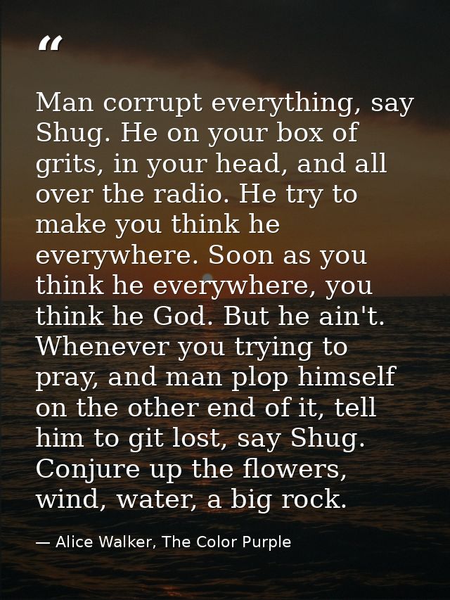 Man corrupt everything, say Shug. He on your box of grits, in your head, and all over the radio. He try to make you thin — Alice Walker, The Color Purple