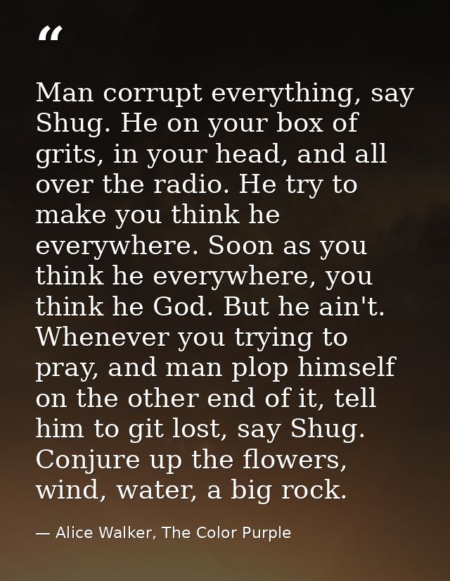 Man corrupt everything, say Shug. He on your box of grits, in your head, and all over the radio. He try to make you thin — Alice Walker, The Color Purple