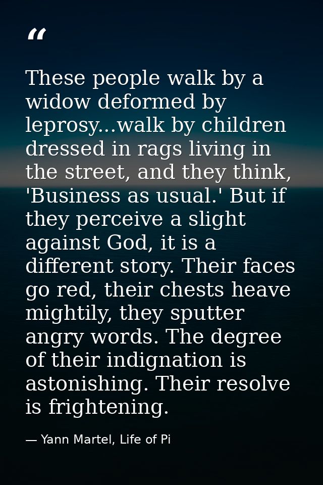 These people walk by a widow deformed by leprosy...walk by children dressed in rags living in the street, and they think — Yann Martel, Life of Pi