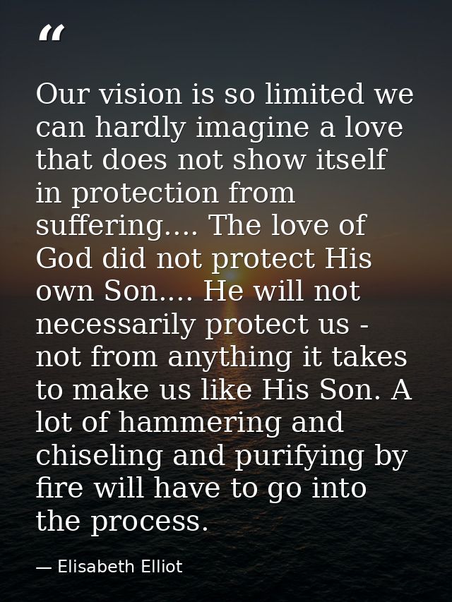 Our vision is so limited we can hardly imagine a love that does not show itself in protection from suffering.... The lov — Elisabeth Elliot