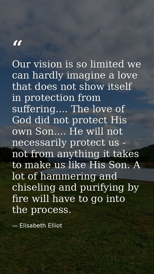 Our vision is so limited we can hardly imagine a love that does not show itself in protection from suffering.... The lov — Elisabeth Elliot