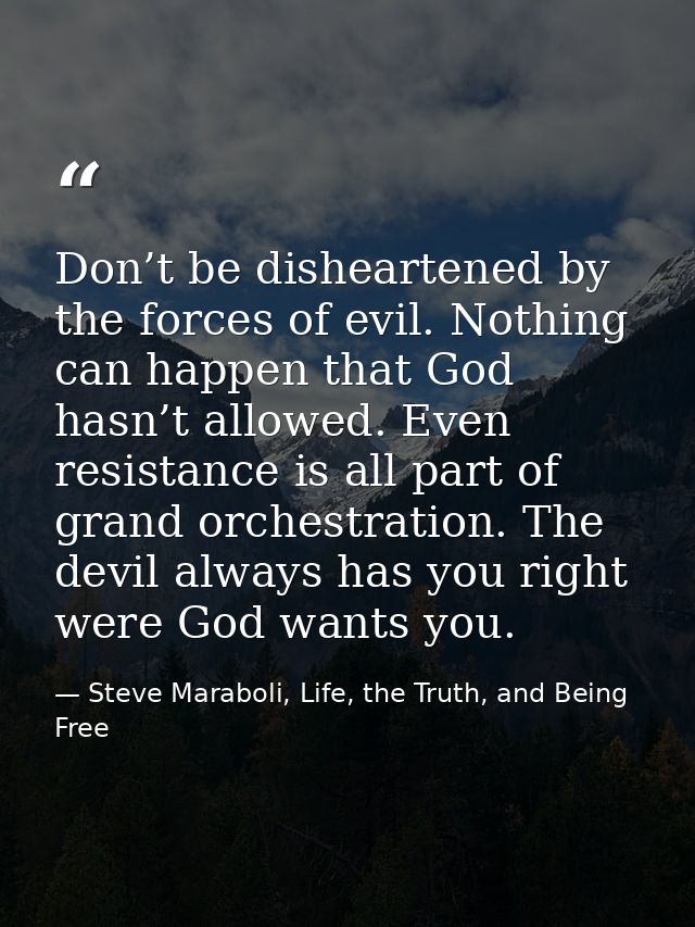 Don’t be disheartened by the forces of evil. Nothing can happen that God hasn’t allowed. Even resistance is all part of  — Steve Maraboli, Life, the Truth, and Being Free