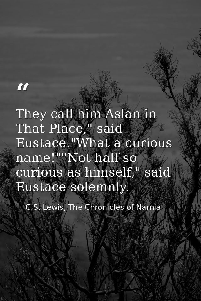 They call him Aslan in That Place," said Eustace."What a curious name!""Not half so curious as himself," said Eustace so — C.S. Lewis, The Chronicles of Narnia
