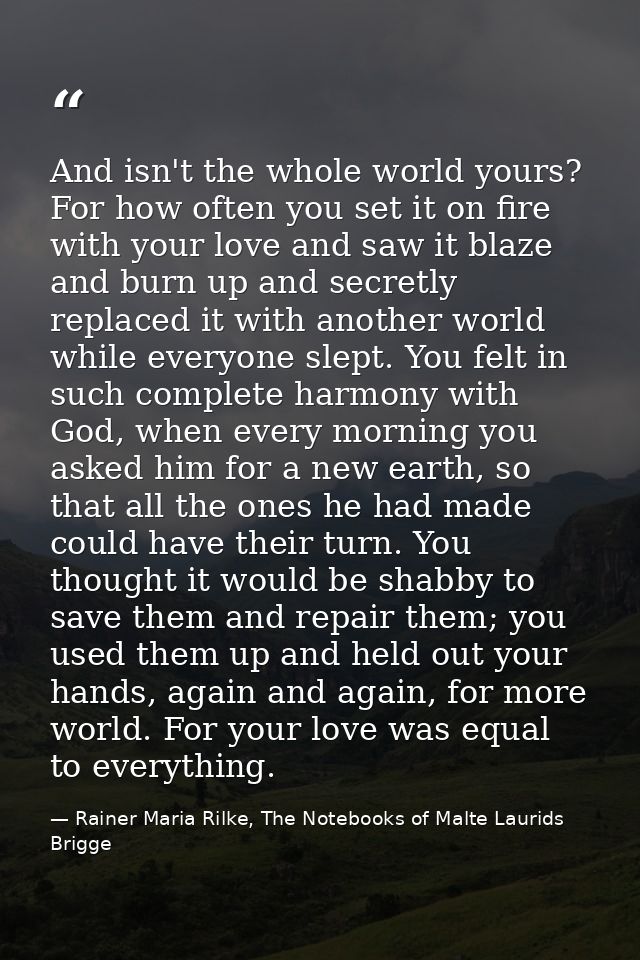 And isn't the whole world yours? For how often you set it on fire with your love and saw it blaze and burn up and secret — Rainer Maria Rilke, The Notebooks of Malte Laurids Brigge