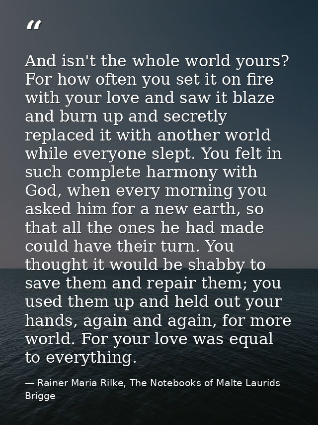 And isn't the whole world yours? For how often you set it on fire with your love and saw it blaze and burn up and secret — Rainer Maria Rilke, The Notebooks of Malte Laurids Brigge
