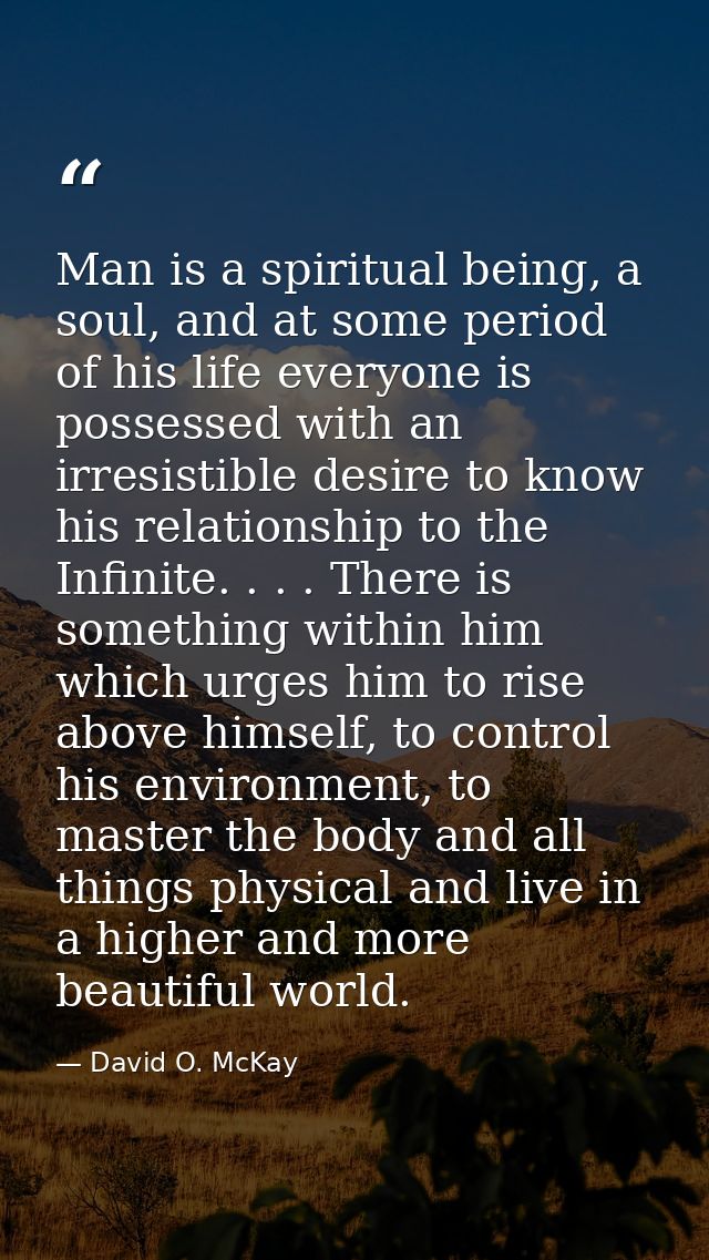 Man is a spiritual being, a soul, and at some period of his life everyone is possessed with an irresistible desire to kn — David O. McKay