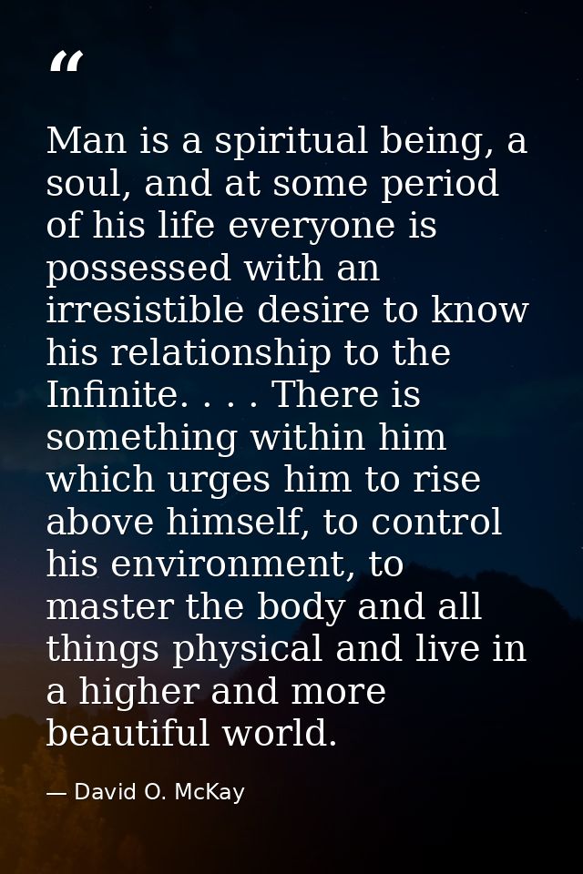 Man is a spiritual being, a soul, and at some period of his life everyone is possessed with an irresistible desire to kn — David O. McKay