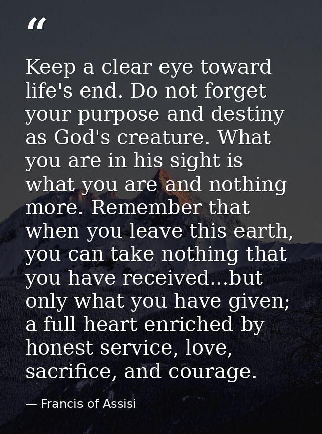 Keep a clear eye toward life's end. Do not forget your purpose and destiny as God's creature. What you are in his sight  — Francis of Assisi