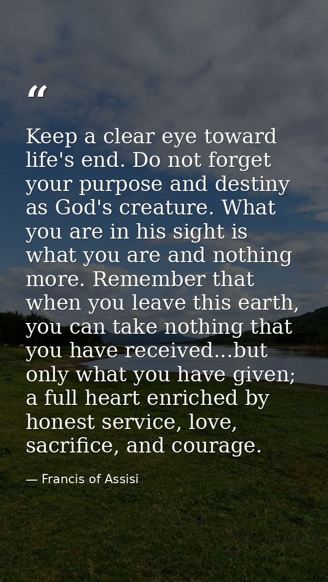 Keep a clear eye toward life's end. Do not forget your purpose and destiny as God's creature. What you are in his sight  — Francis of Assisi