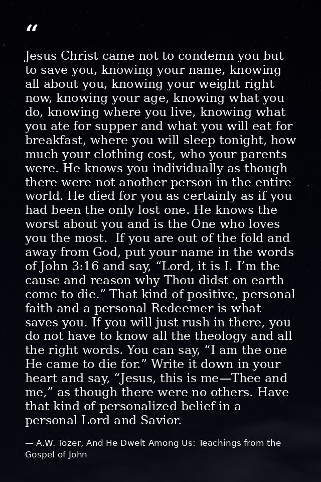Jesus Christ came not to condemn you but to save you, knowing your name, knowing all about you, knowing your weight righ — A.W. Tozer, And He Dwelt Among Us: Teachings from the Gospel of John