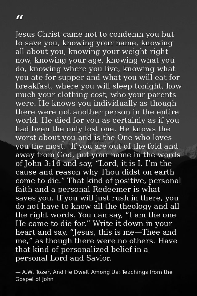 Jesus Christ came not to condemn you but to save you, knowing your name, knowing all about you, knowing your weight righ — A.W. Tozer, And He Dwelt Among Us: Teachings from the Gospel of John