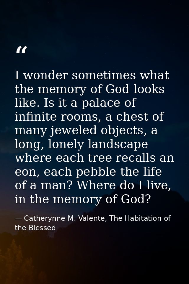 I wonder sometimes what the memory of God looks like. Is it a palace of infinite rooms, a chest of many jeweled objects, — Catherynne M. Valente, The Habitation of the Blessed