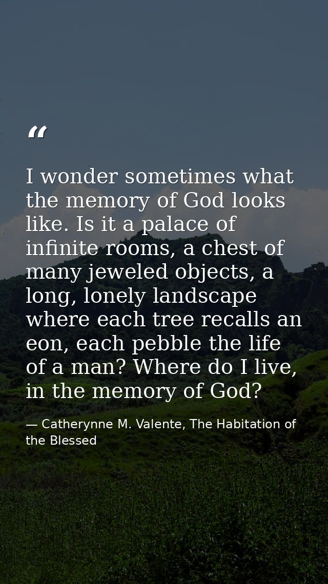 I wonder sometimes what the memory of God looks like. Is it a palace of infinite rooms, a chest of many jeweled objects, — Catherynne M. Valente, The Habitation of the Blessed