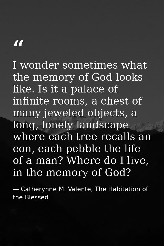I wonder sometimes what the memory of God looks like. Is it a palace of infinite rooms, a chest of many jeweled objects, — Catherynne M. Valente, The Habitation of the Blessed