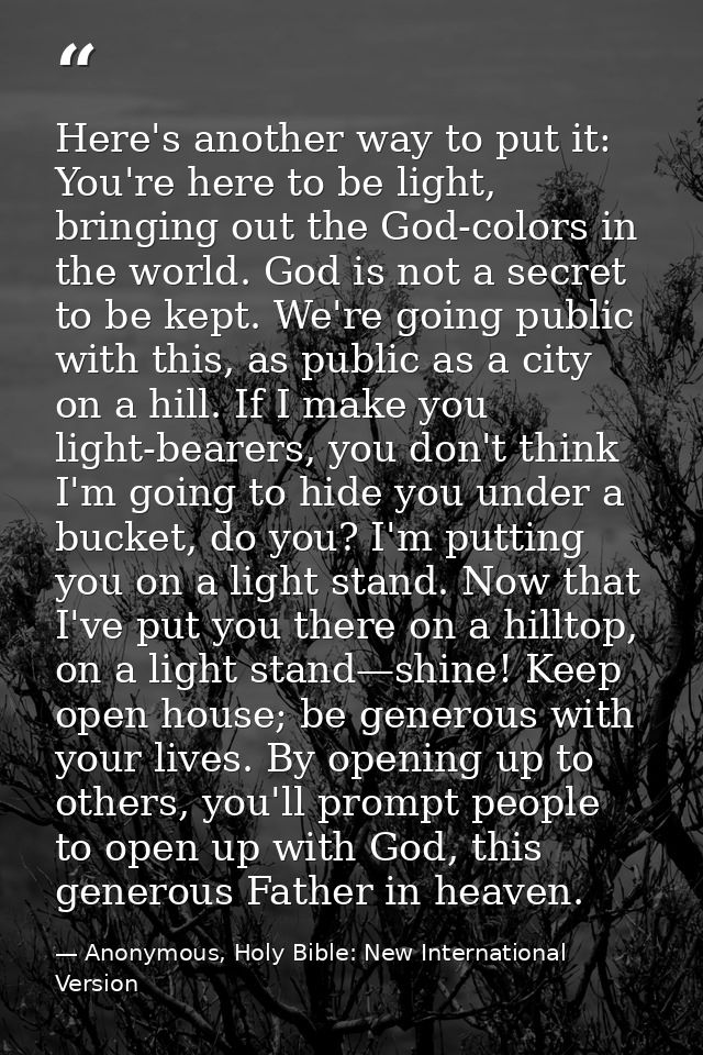 Here's another way to put it: You're here to be light, bringing out the God-colors in the world. God is not a secret to  — Anonymous, Holy Bible: New International Version