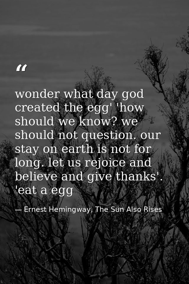 wonder what day god created the egg' 'how should we know? we should not question. our stay on earth is not for long. let — Ernest Hemingway, The Sun Also Rises