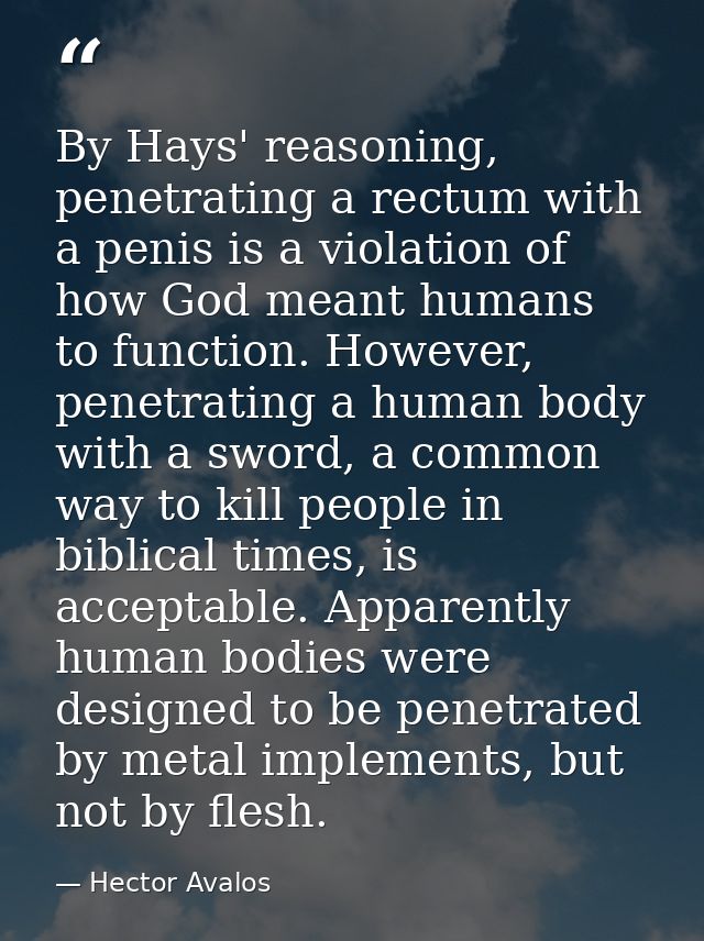 By Hays' reasoning, penetrating a rectum with a penis is a violation of how God meant humans to function. However, penet — Hector Avalos