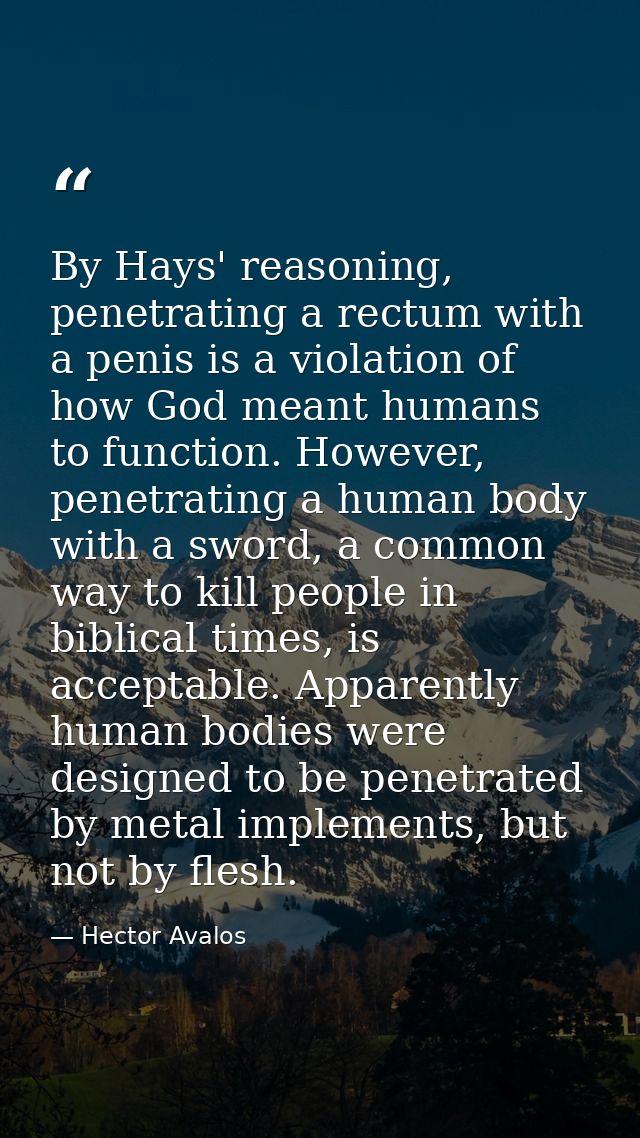 By Hays' reasoning, penetrating a rectum with a penis is a violation of how God meant humans to function. However, penet — Hector Avalos