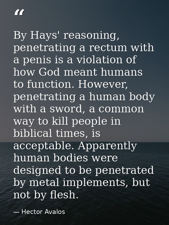 By Hays' reasoning, penetrating a rectum with a penis is a violation of how God meant humans to function. However, penet — Hector Avalos