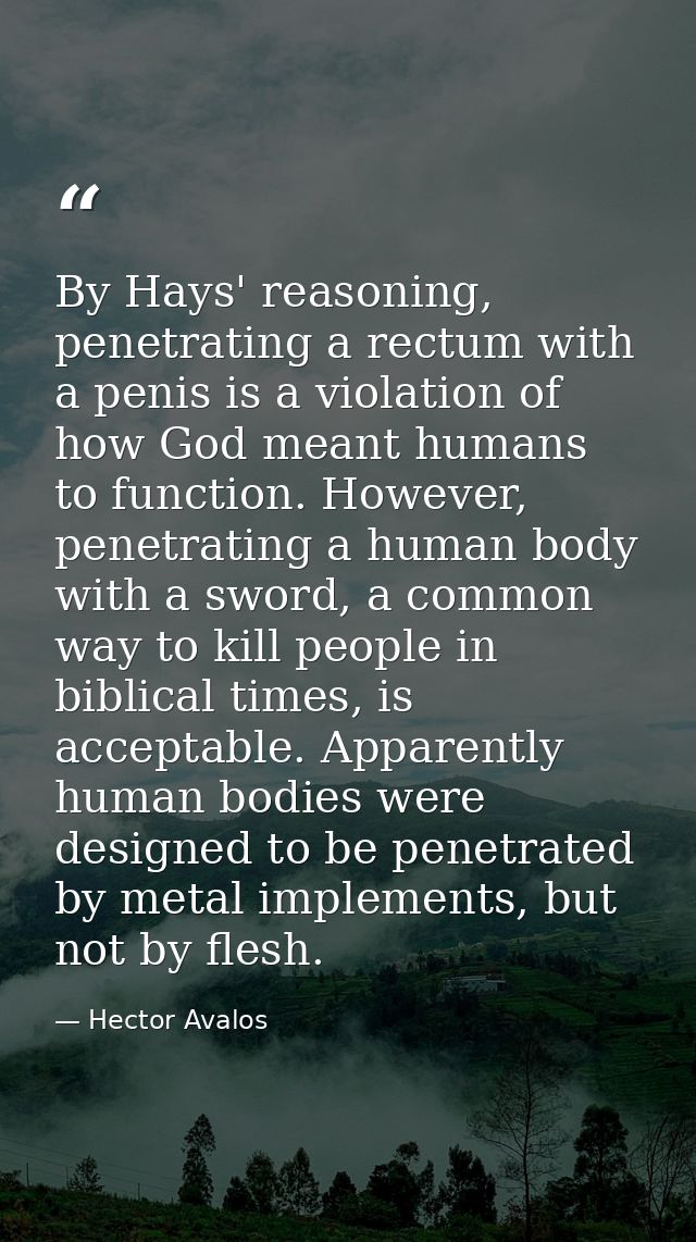 By Hays' reasoning, penetrating a rectum with a penis is a violation of how God meant humans to function. However, penet — Hector Avalos