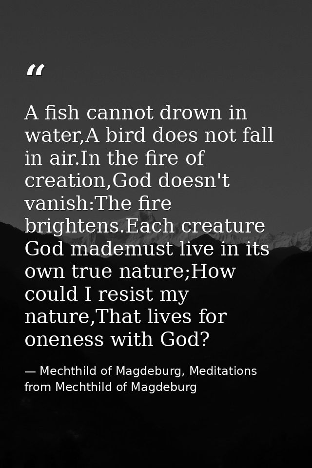 A fish cannot drown in water,A bird does not fall in air.In the fire of creation,God doesn't vanish:The fire brightens.E — Mechthild of Magdeburg, Meditations from Mechthild of Magdeburg