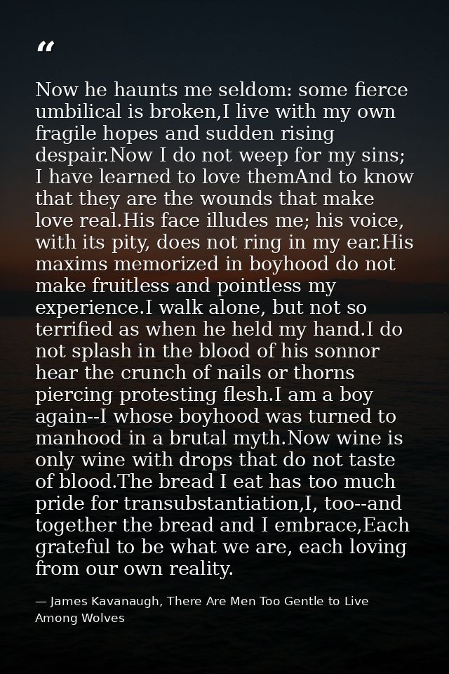 Now he haunts me seldom: some fierce umbilical is broken,I live with my own fragile hopes and sudden rising despair.Now  — James Kavanaugh, There Are Men Too Gentle to Live Among Wolves