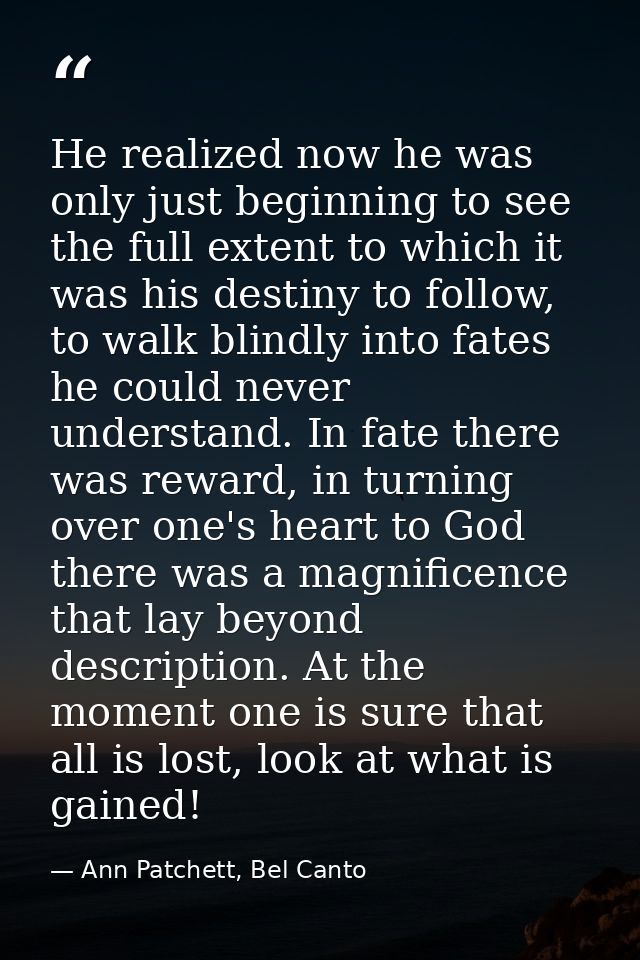 He realized now he was only just beginning to see the full extent to which it was his destiny to follow, to walk blindly — Ann Patchett, Bel Canto