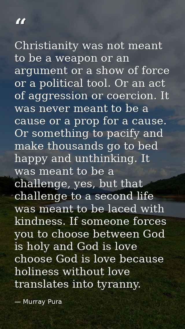 Christianity was not meant to be a weapon or an argument or a show of force or a political tool. Or an act of aggression — Murray Pura