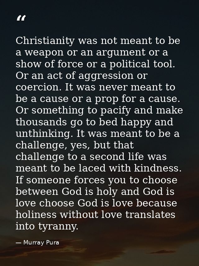 Christianity was not meant to be a weapon or an argument or a show of force or a political tool. Or an act of aggression — Murray Pura