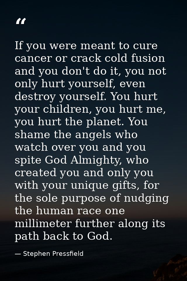 If you were meant to cure cancer or crack cold fusion and you don't do it, you not only hurt yourself, even destroy your — Stephen Pressfield