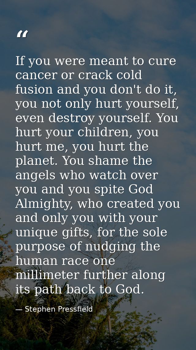 If you were meant to cure cancer or crack cold fusion and you don't do it, you not only hurt yourself, even destroy your — Stephen Pressfield