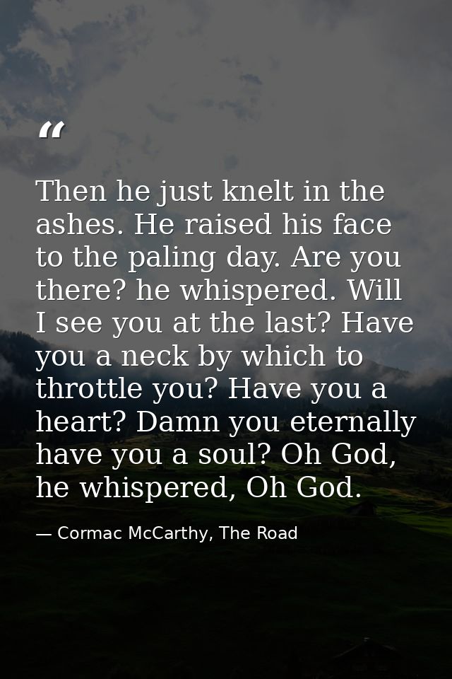 Then he just knelt in the ashes. He raised his face to the paling day. Are you there? he whispered. Will I see you at th — Cormac McCarthy, The Road