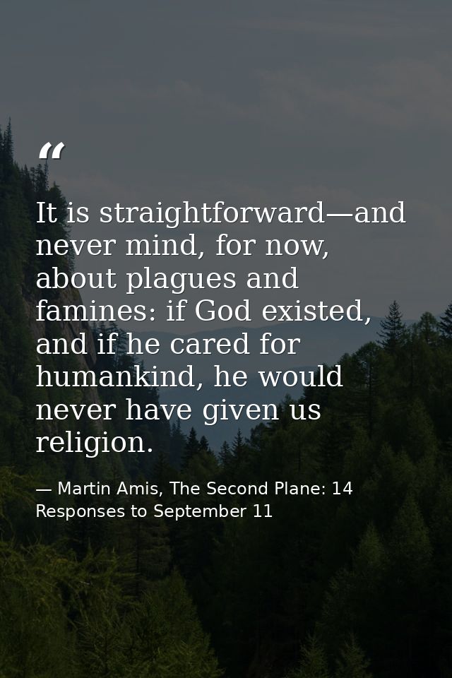 It is straightforward—and never mind, for now, about plagues and famines: if God existed, and if he cared for humankind, — Martin Amis, The Second Plane: 14 Responses to September 11