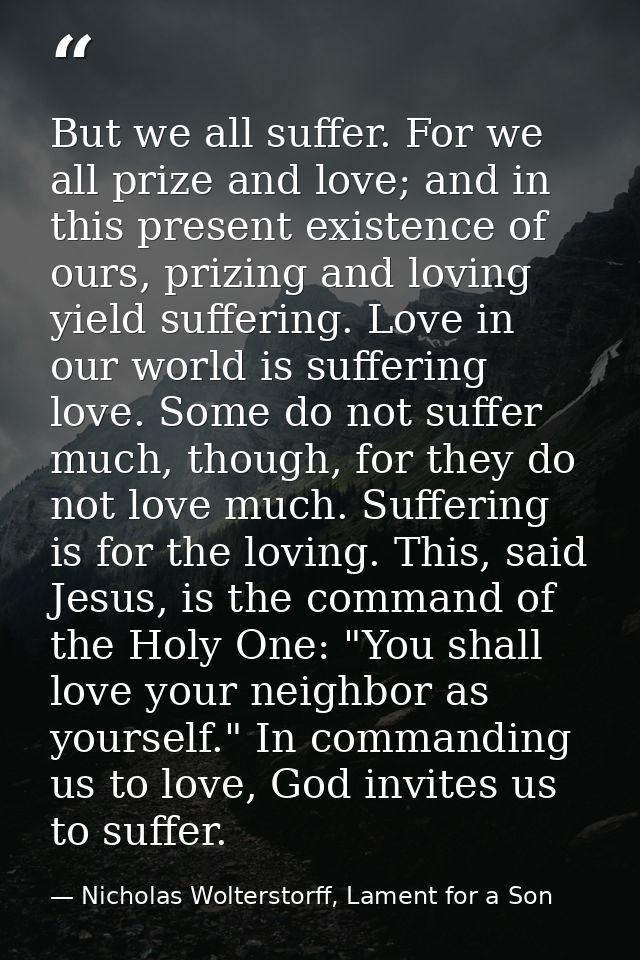 But we all suffer. For we all prize and love; and in this present existence of ours, prizing and loving yield suffering. — Nicholas Wolterstorff, Lament for a Son