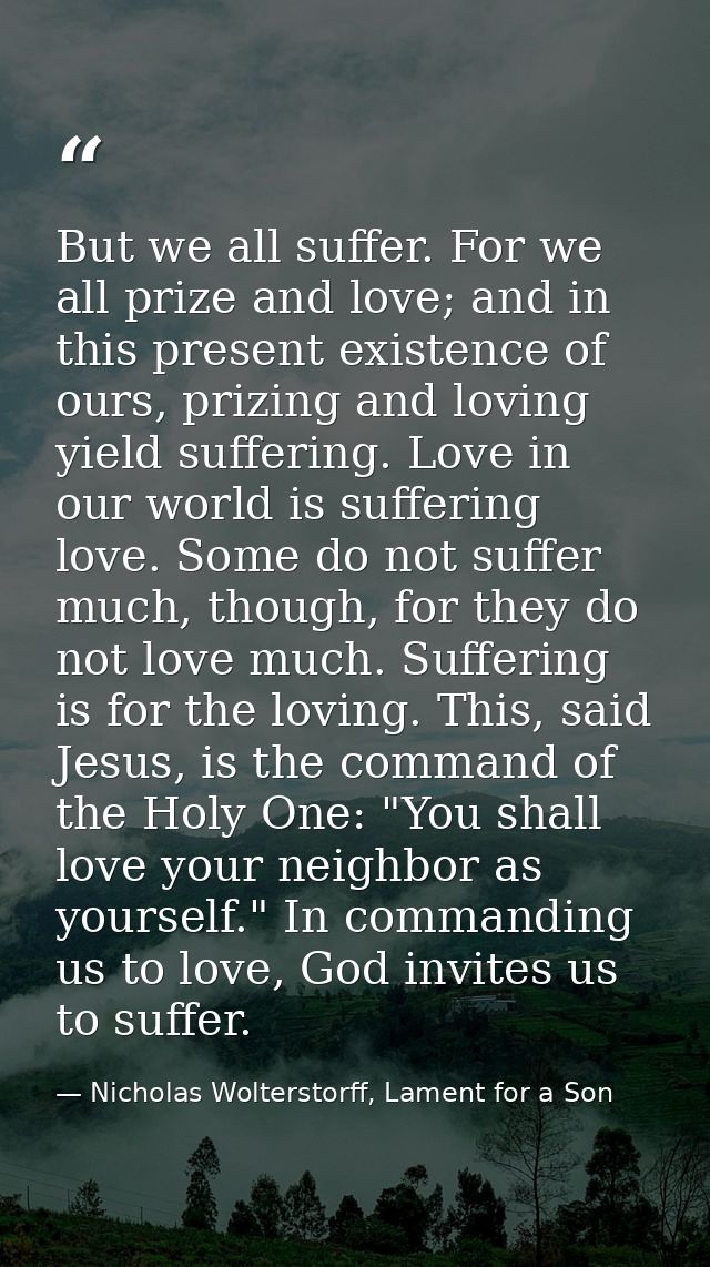 But we all suffer. For we all prize and love; and in this present existence of ours, prizing and loving yield suffering. — Nicholas Wolterstorff, Lament for a Son