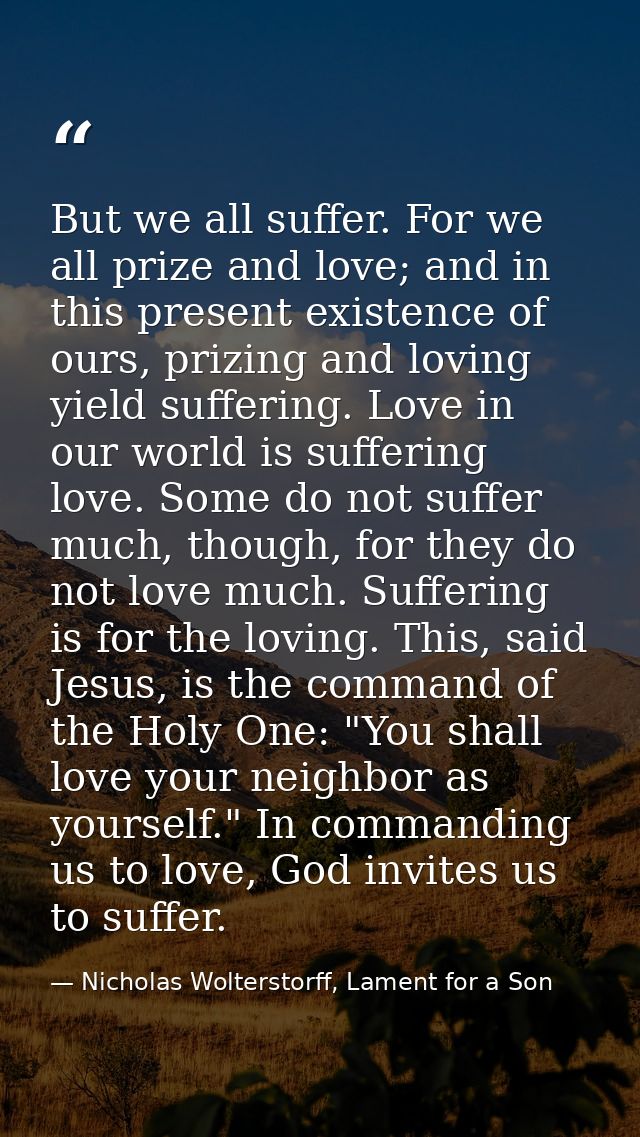 But we all suffer. For we all prize and love; and in this present existence of ours, prizing and loving yield suffering. — Nicholas Wolterstorff, Lament for a Son
