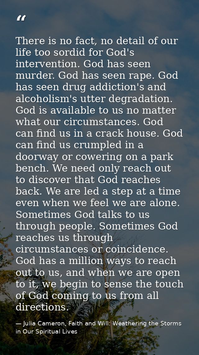 There is no fact, no detail of our life too sordid for God's intervention. God has seen murder. God has seen rape. God h — Julia Cameron, Faith and Will: Weathering the Storms in Our Spiritual Lives