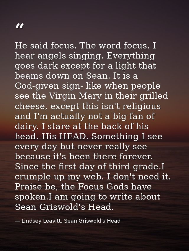He said focus. The word focus. I hear angels singing. Everything goes dark except for a light that beams down on Sean. I — Lindsey Leavitt, Sean Griswold's Head