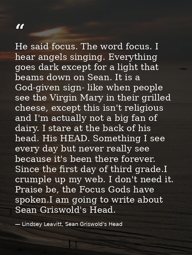 He said focus. The word focus. I hear angels singing. Everything goes dark except for a light that beams down on Sean. I — Lindsey Leavitt, Sean Griswold's Head