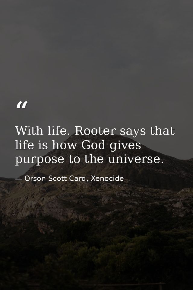 With life. Rooter says that life is how God gives purpose to the universe. — Orson Scott Card, Xenocide