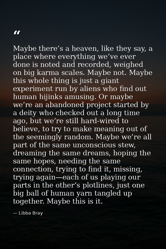 Maybe there’s a heaven, like they say, a place where everything we’ve ever done is noted and recorded, weighed on big ka — Libba Bray