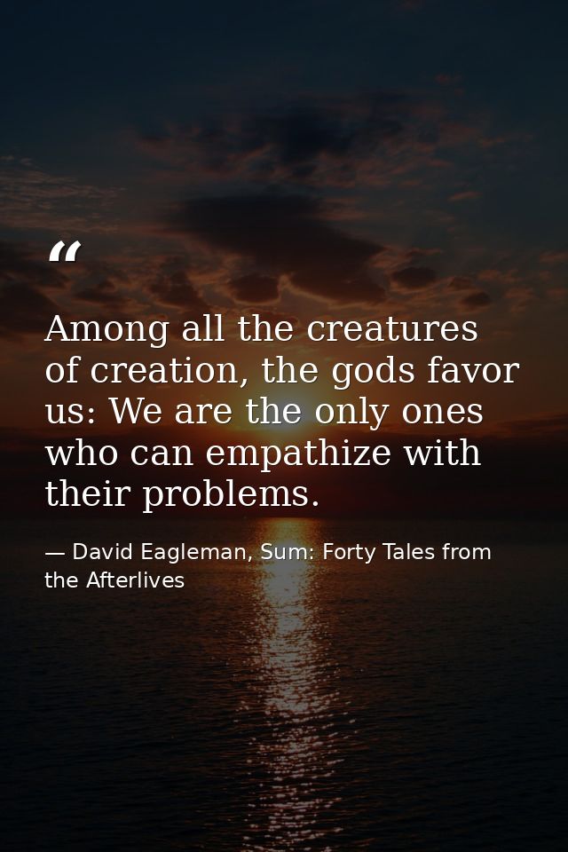 Among all the creatures of creation, the gods favor us: We are the only ones who can empathize with their problems. — David Eagleman, Sum: Forty Tales from the Afterlives