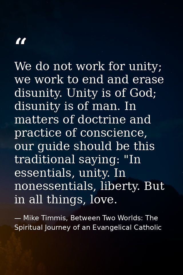 We do not work for unity; we work to end and erase disunity. Unity is of God; disunity is of man. In matters of doctrine — Mike Timmis, Between Two Worlds: The Spiritual Journey of an Evangelical Catholic