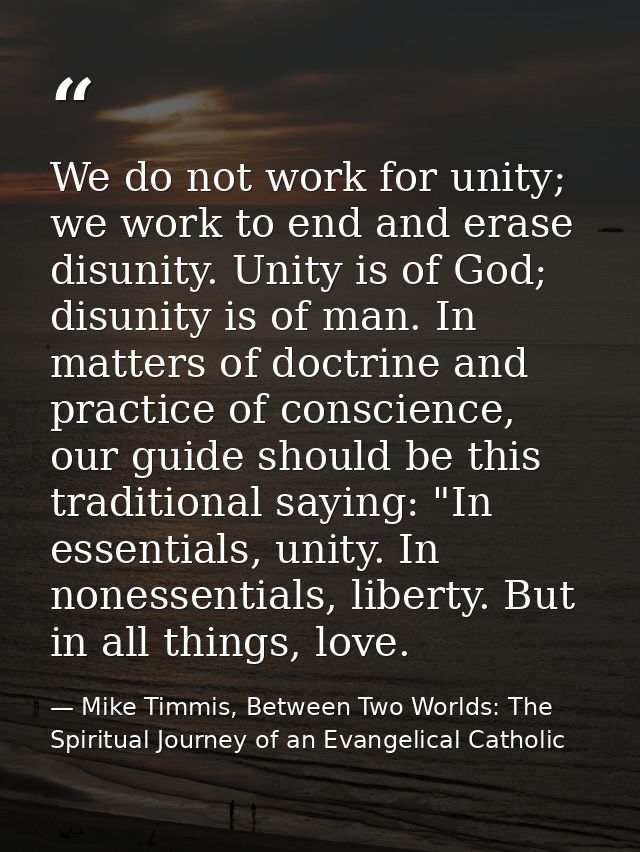 We do not work for unity; we work to end and erase disunity. Unity is of God; disunity is of man. In matters of doctrine — Mike Timmis, Between Two Worlds: The Spiritual Journey of an Evangelical Catholic