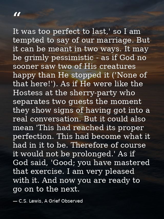 It was too perfect to last,' so I am tempted to say of our marriage. But it can be meant in two ways. It may be grimly p — C.S. Lewis, A Grief Observed