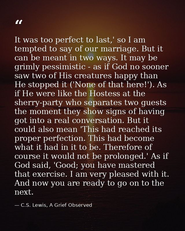 It was too perfect to last,' so I am tempted to say of our marriage. But it can be meant in two ways. It may be grimly p — C.S. Lewis, A Grief Observed